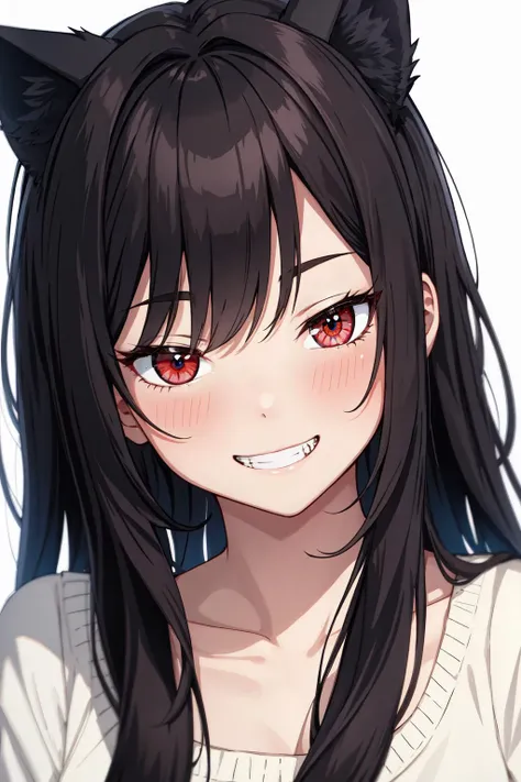 Highly detailed, High Quality, masterpiece, 1girl, solo, looking at viewer, black hair, long hair, red eyes, cat ears, grin, blush, portrait, simple background, (white background), <lora:eye-hanme_01:0.5>, eye-hanme,