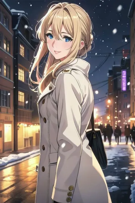 masterpiece,best quality, ultra res, extremely detailed, 1woman, blond hair, lips, blue eyes,Violet Evergarden,Upper body up,
city,street at night,snow,It's snowing.,Lots of snow.,
Various expressions,smile a little,
jeans,white shirt,coat,Light brown coat,