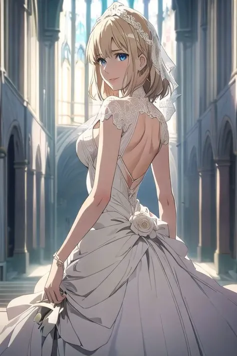 (masterpiece, best quality), intricate details, thin, ((slim)), beautiful girl, white skin, blond hair,sky blue eyes, <lora:covering_breasts_v0.1:1>, covering breasts, arm at side, messy hair, lips, shy,back view,whole (body),smile,wedding dress,church,smile,One Woman,Bouquet held with both hands,