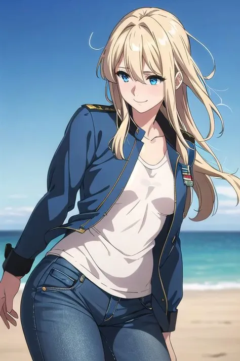 masterpiece,best quality, ultra res, extremely detailed, 1woman,blond hair, blue eyes,Beautiful white skin, Violet Evergarden,
outdoors, airport,air (force) base,F-15 Eagle in the background, aircraft carrier, warship,Strong wind from the side,
,jeans,Tight Jeans,White tank top,embarrassed face,smile,earring,pre-ripped jeans,jambar (jacket),MA-1,military jacket,flight jacket,
smile open-mouthed,disheveled hair,