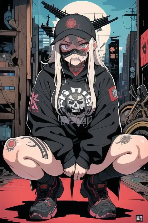 (masterpiece, best quality)(high resolution)female, solo, diesel punk, slavic squat, dark color, gangster, mandible face cover, wornout cloths, tattoos, tuyawang, abstract, doodle art,