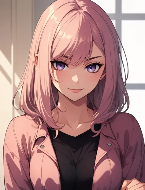 (masterpiece, best quality),intricate details,thin,((slim)),beautiful girl,Light pink hair,white skin,light purple eyes,sharp jawline,cropped jacket,messy hair,plump lips,upper body,close up,smirk,