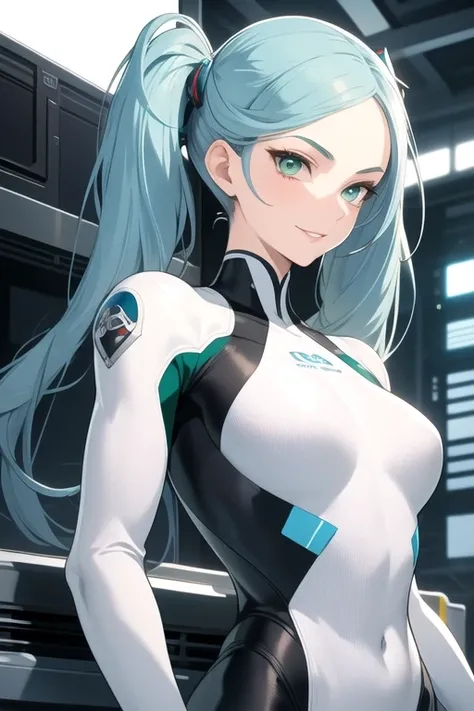 (masterpiece, best quality), intricate details, thin, ((slim)), beautiful girl, perfect face, expressive eyes, blue hair, twintail, white skin, green eyes, sharp jawline, bodysuit, messy hair, plump lips, upper body, smile, closed mouth, tech mechanic background
