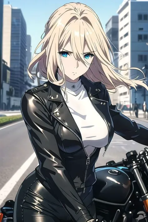 masterpiece, best quality, ultra-detailed, 1girl, , no bra,, busty,
blond hair,blue eyes,adult-like,
black leather pants,white shirt,black leather jacket,
Upper body up,
Various poses,strong wind,disheveled hair,
city,Motorcycle in background,have a helmet,