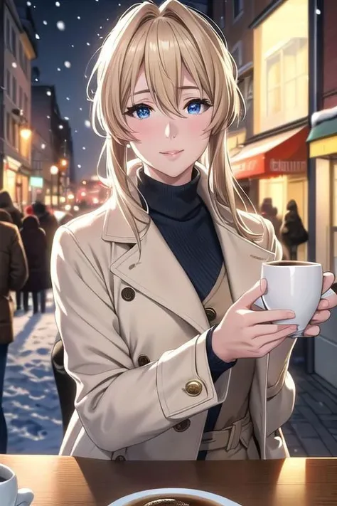 masterpiece,best quality, ultra res, extremely detailed, 1woman, blond hair, lips, blue eyes,Violet Evergarden,Upper body up,
city,street at night,snow,It's snowing.,Lots of snow.,
Various expressions,smile a little,
jeans,white shirt,coat,Light brown coat,
open cafe,Drink coffee at an open cafe,sit and drink coffee at an open cafe,shot from the front,