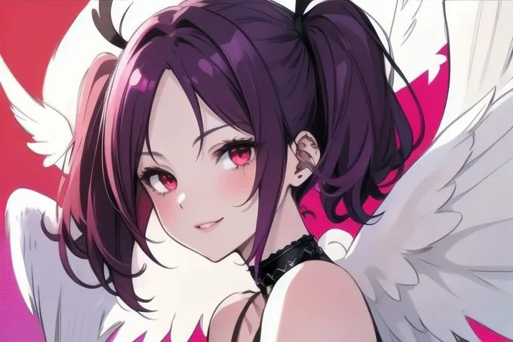 1girl, halo, sketch, halftone,
short hair, purple hair, choker, (((angel wings))), depth of field, (masterpiece, best quality), intricate details, thin, ((slim)), beautiful girl, perfect face, expressive eyes, twintail, white skin, red eyes, sharp jawline, messy hair, plump lips, upper body, smile, closed mouth, fire background, red background, burning background, destruction background, (end of times background), (((negative vibe background))), gone world background