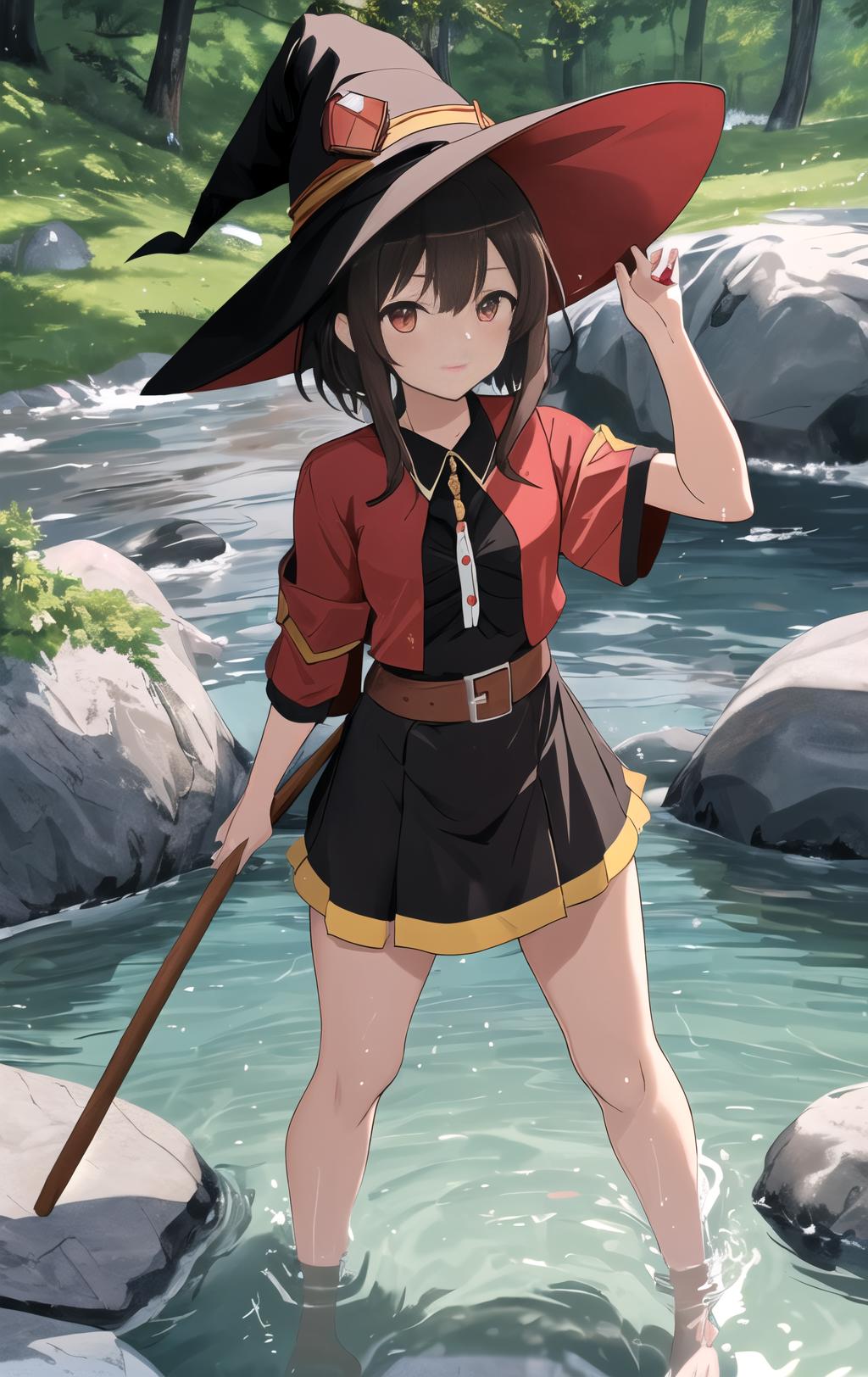 Anime girl in a red hat and black dress standing in a river - SeaArt AI