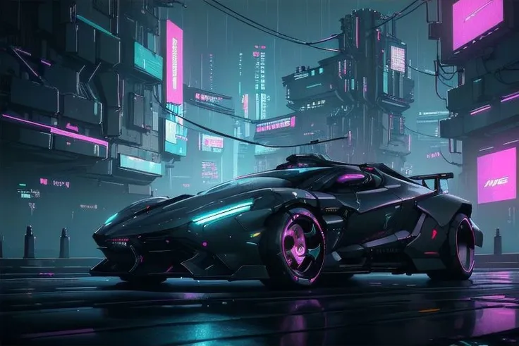 (masterpiece, best quality:1.2), ultra-high resolution, intricately detailed, futuristic cyberpunk car, lora:EdobCar_v1.1:1, dynamic lighting, sleek design, ((visually captivating)), lora:CyberPunkAI:.8 CyberPunkAI car on a neon-lit city street, (((cyberpunk atmosphere))) or speeding through a rain-soaked metropolis, (((cyberpunk aesthetics))), amidst a dense cybernetic cityscape, (((cyberpunk allure)))