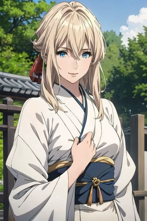 (masterpiece, best quality), intricate details, thin, ((slim)), beautiful girl, white skin, blond hair,sky blue eyes,covering breasts, arm at side, messy hair, lips, shy,smile,Various poses,One woman,one person,Japanese clothing,long-sleeved kimono,