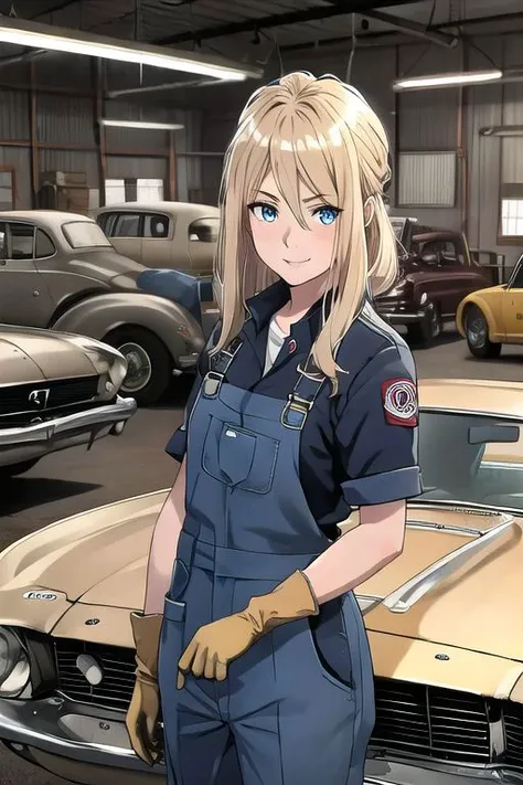 ultra detailed, 1girl,blond hair, blue eyes,slim ,smile,Upper body up,Various poses,face covered with oil,
work clothes,dirty work clothes,glove,dirty gloves,
Automobile Repair,automotive repair shop, Coveralls for car repair,
Classic Mustang in the background,