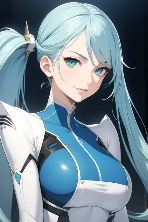 (masterpiece, best quality), intricate details, thin, ((slim)), beautiful girl, perfect face, expressive eyes, blue hair, twintail, white skin, green eyes, sharp jawline, bodysuit, messy hair, plump lips, upper body, smile, closed mouth, tech mechanic background