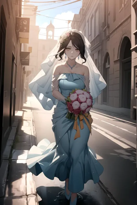 (masterpiece, best quality, unity 8k wallpaper, highres, absurdres, background), depth of field, perfect lighting, cinematic shadows, BREAK
 (super_perfect_good anatomy head face fingers arms hands limbs legs, slender, constricted waist), solo, BREAK
 (super_beautiful_detailed 1wet_woman gigantic_long_sagging_breastss hair face kind_eyes nose mouth skin bridal bouquet jewelry necklace), <lora:BlueBridal:1>, (poses angle scenery background wonderful_match_bridal:1.2)
