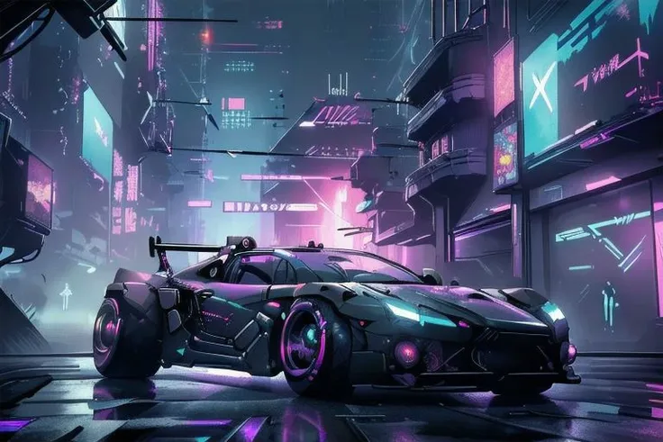 (masterpiece, best quality:1.2), ultra-high resolution, intricately detailed, futuristic cyberpunk car, lora:EdobCar_v1.1:1, dynamic lighting, sleek design, ((visually captivating)), lora:CyberPunkAI:.8 CyberPunkAI car on a neon-lit city street, (((cyberpunk atmosphere))) or speeding through a rain-soaked metropolis, (((cyberpunk aesthetics))), amidst a dense cybernetic cityscape, (((cyberpunk allure)))