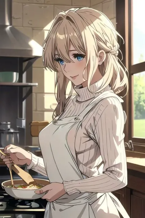 (masterpiece, best quality), intricate details, thin, ((slim)), beautiful girl, white skin, blond hair,sky blue eyes, <lora:covering_breasts_v0.1:1>, covering breasts, arm at side, messy hair, lips, shy,back view,whole (body),smile,log-house,kitchen,busy cooking,sweater,Thin Jeans,one woman,apron,smile,