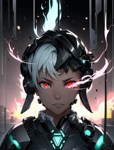 portrait, solo, (full body:0.6), looking at viewer, detailed background, detailed face, (<lora:FiveDecorsAIx3:0.6>, CircuitBoardAI, electronic theme:1.1), glass-cyborg, (made of glass:1.1), fighter, glass armor, mechanical, power source, magical patterns, floating particles, steam, reflections, storm in background, cinematic atmosphere,, nsfw,, (red eyes, flaming eyes, trail:1.3), <lora:FlamingEye:1>