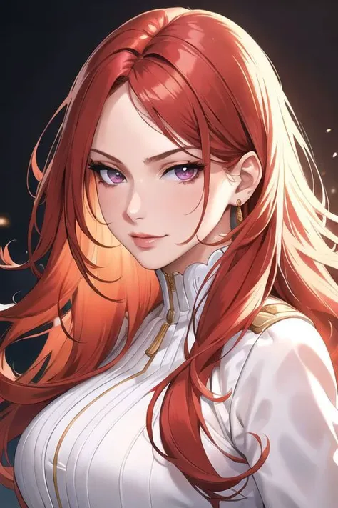 portrait of, redhead, yellow-white eyes, long hair, redhead hair, wavy hair, bangs, background golden hour, null, to the chest, White blouse with ruffles, race, tattoo on neck, tv tattoo