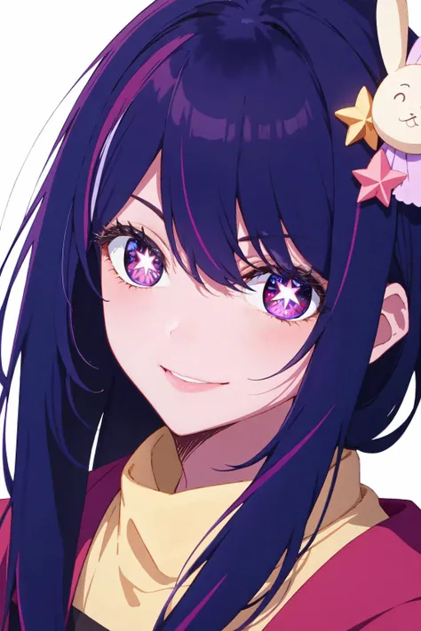 Highly detailed, High Quality, masterpiece, 1girl, solo, looking at viewer, <lora:HoshinoAi_v9:1>, Hoshino Ai, long hair, purple hair, streaked hair, purple eyes, star-shaped pupils, hair ornament, smile, portrait, simple background, (white background),