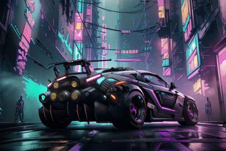 (masterpiece, best quality:1.2), ultra-high resolution, intricately detailed, futuristic cyberpunk car, lora:EdobCar_v1.1:1, dynamic lighting, sleek design, ((visually captivating)), lora:CyberPunkAI:.8 CyberPunkAI car on a neon-lit city street, (((cyberpunk atmosphere))) or speeding through a rain-soaked metropolis, (((cyberpunk aesthetics))), amidst a dense cybernetic cityscape, (((cyberpunk allure)))