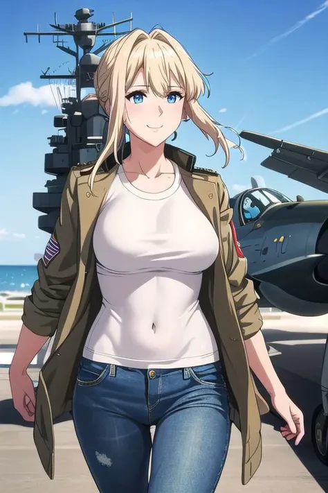 masterpiece,best quality, ultra res, extremely detailed, 1woman,blond hair, blue eyes,Beautiful white skin, Violet Evergarden,
outdoors, airport,air (force) base,F-15 Eagle in the background, aircraft carrier, warship,Strong wind from the side,
,jeans,Tight Jeans,White tank top,embarrassed face,smile,earring,pre-ripped jeans,jambar (jacket),MA-1,military jacket,flight jacket,
smile open-mouthed,disheveled hair,