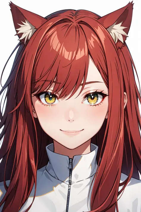 Highly detailed, High Quality, masterpiece, 1girl, solo, looking at viewer, red hair, yellow eyes, cat ears, smile, portrait, simple background, (white background),