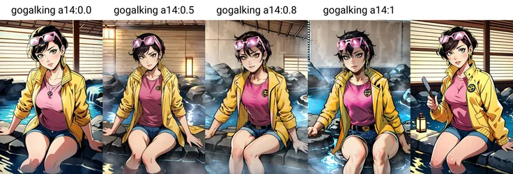 (masterpiece, best quality), intricate details,
1girl, solo, <lora:jubilee-10v3:0.8> Jubilee, pink shirt, yellow jacket,
indoors, onsen,
<lora:gogalking a14:0.0> gogalking,