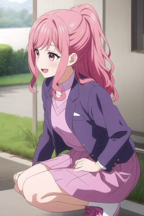 masterpiece, best quality, yanagidakaoruko, 1girl, solo, upper body, pink hair, bangs, sidelocks, long hair, ponytail, pink eyes, breasts, holding, blush, blue shirt, purple footwear, purple skirt, long sleeves, smile, open mouth.