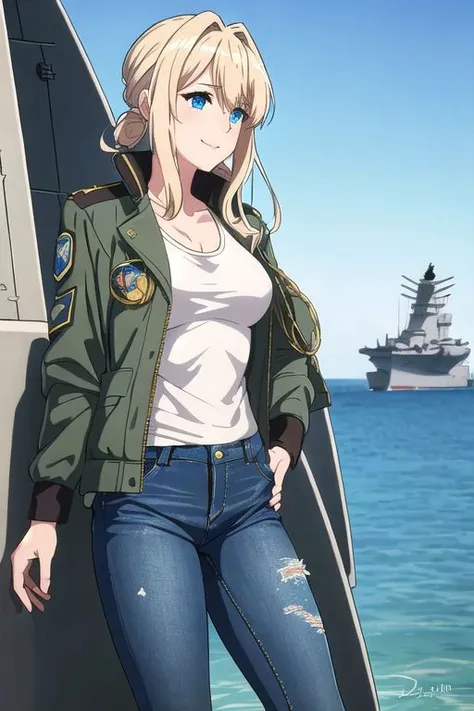 masterpiece,best quality, ultra res, extremely detailed, 1woman,blond hair, blue eyes,Beautiful white skin, Violet Evergarden,
outdoors, airport,air (force) base,F-15 Eagle in the background, aircraft carrier, warship,Strong wind from the side,
,jeans,Tight Jeans,White tank top,embarrassed face,smile,earring,pre-ripped jeans,jambar (jacket),MA-1,military jacket,flight jacket,
smile open-mouthed,disheveled hair,