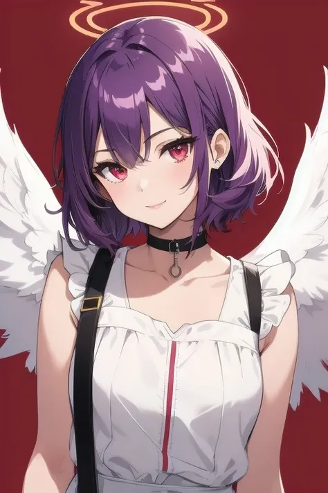 1girl, halo, sketch, halftone,
short hair, purple hair, choker, angel wings, depth of field, (masterpiece, best quality), intricate details, thin, ((slim)), beautiful girl, perfect face, expressive eyes, twintail, white skin, red eyes, sharp jawline, messy hair, plump lips, upper body, smile, closed mouth, fire background, red background, burning background, destruction background, end of times background, negative vibe background