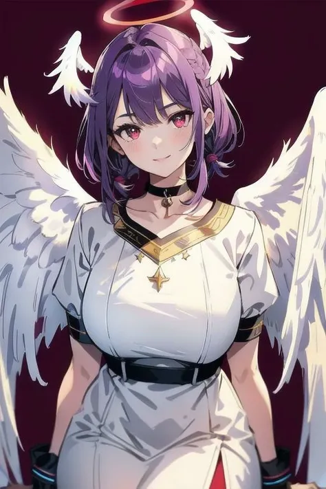1girl, halo, sketch, halftone,
short hair, purple hair, choker, (((angel wings))), depth of field, (masterpiece, best quality), intricate details, thin, ((slim)), beautiful girl, perfect face, expressive eyes, twintail, white skin, red eyes, sharp jawline, messy hair, plump lips, upper body, smile, closed mouth, fire background, red background, burning background, destruction background, (end of times background), (((negative vibe background))), gone world background