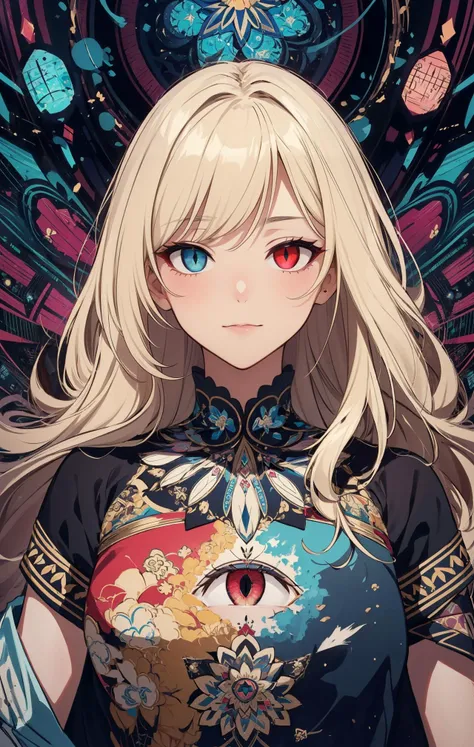 <lora:edgInfluencerDollLikeness:0.7>, blonde, edgInf_woman, edgInf_face, edgInf_body, light smile, official art, unity 8k wallpaper, ultra detailed, beautiful and aesthetic, masterpiece, best quality, (zentangle, mandala, tangle, entangle), (fractal art:1.3), 1girl, extremely detailed, dynamic angle, cowboyshot, the most beautiful form of chaos, elegant, a brutalist designed, vivid colours, romanticism, by james jean, roby dwi antono, ross tran, francis bacon, michal mraz, adrian ghenie, petra cortright, gerhard richter, takato yamamoto, ashley wood, atmospheric, ecstasy of musical notes, streaming musical notes visible, blue and red eyes,  <lora:koreanDollLikeness:0.7>,  <lora:slitpupils:1>, slit pupils, incrsslitpupil, two eye colors,  Heterochromia, Heterochromia eyes