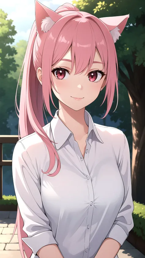 (best quality:1.1), (masterpiece:1.2), high quality shadow, beautiful detailed, beautiful face, detailed eyes, depth of field, highres, best shadow, best illumination, 1girl, looking at viewer, pink hair, ponytail, long hair, red eyes, light smile, cat ears, dress, dress shirt, outdoors,