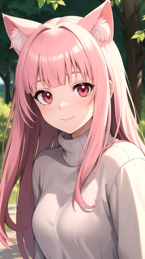 (best quality:1.1), (masterpiece:1.2), high quality shadow, beautiful detailed, beautiful face, detailed eyes, depth of field, highres, best shadow, best illumination, 1girl, looking at viewer, pink hair, long hair, blunt bangs, red eyes, light smile, cat ears, sweater, outdoors,