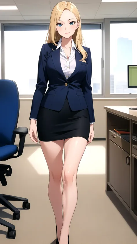 (masterpiece, best quality), intricate details, 1girl, long hair, blond hair, smile, pencil skirt, blouse, blazer, pumps, office lady,