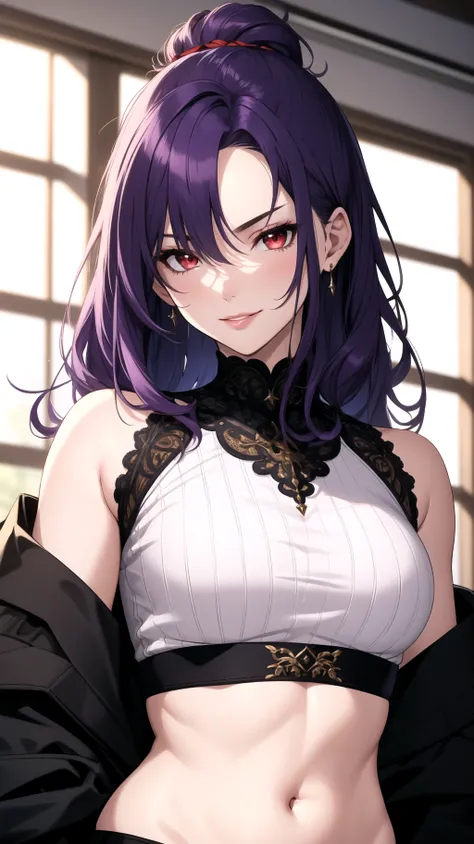 (masterpiece, best quality), intricate details, thin, ((slim)), beautiful girl, Purple hair tied up, white skin, dark red eyes, sharp jawline, crop top, messy hair, plump lips, upper body, close up, smirk