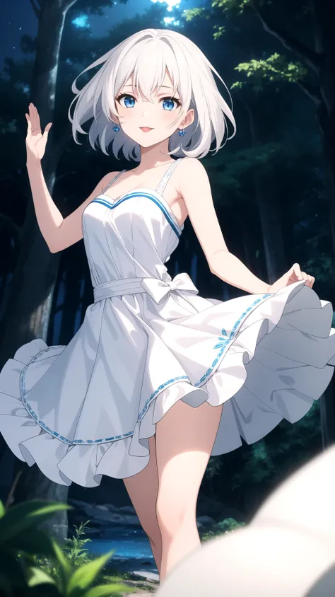 (masterpiece, best quality), intricate details, 1girl, :p, medium hair layered cut, white hair, blue eyes, dress, dynamic pose, forest, night, depth of field,