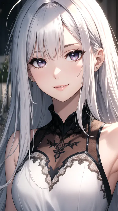 a beautiful white-haired fox girl with green eyes, a shy open-mouth smile revealing large fangs, intricate detailed portrait, (best quality,4k,8k,highres,masterpiece:1.2),ultra-detailed,(realistic,photorealistic,photo-realistic:1.37),detailed eyes,detailed lips,extremely detailed face,long eyelashes,highly detailed animal features,delicate facial features,soft lighting,warm color tones,fantasy,magic realism