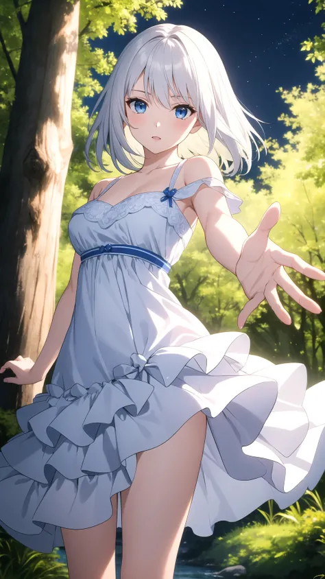 (masterpiece, best quality), intricate details, 1girl, medium hair layered cut, white hair, blue eyes, dress, dynamic pose, forest, night, depth of field,