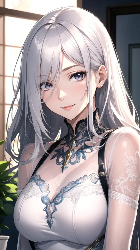 (masterpiece, best quality), intricate details, thin, ((slim)), beautiful girl, perfect face, expressive eyes, silver hair, white skin, silver eyes, sharp jawline, dress, messy hair, plump lips, upper body, smile, closed mouth,