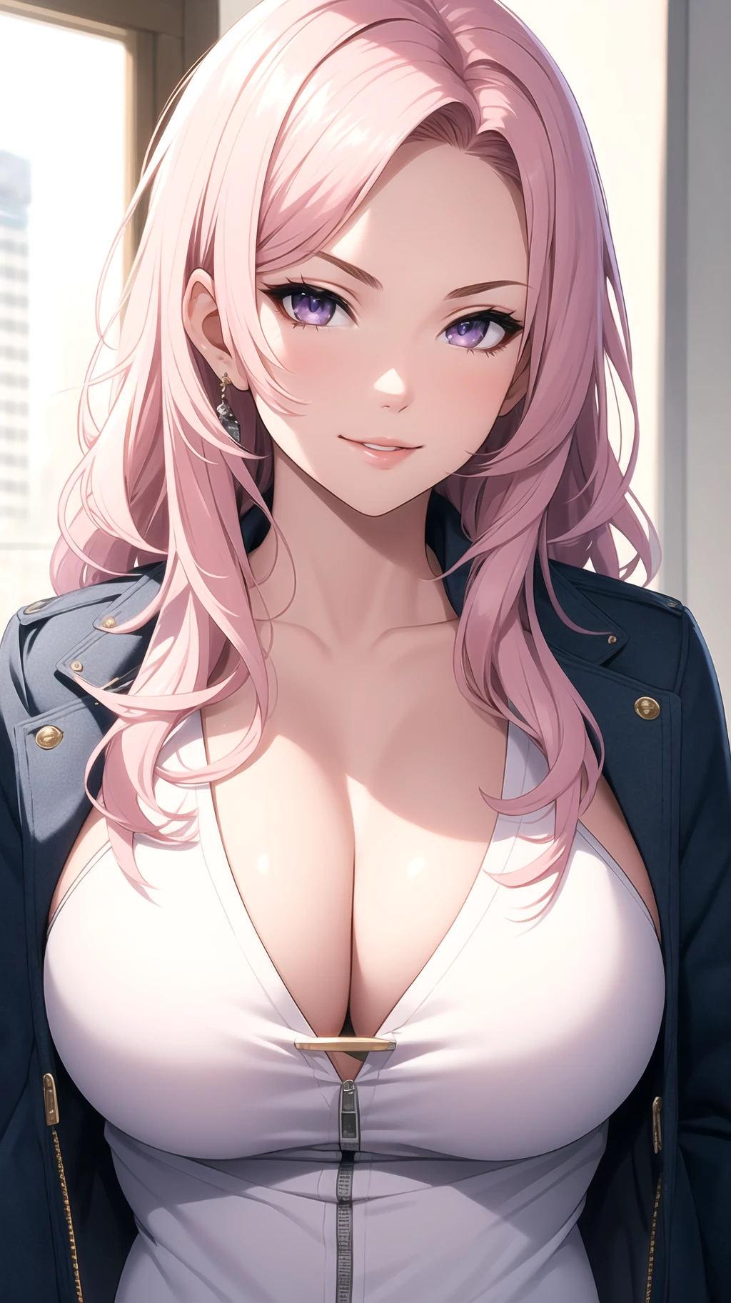 (masterpiece, best quality), intricate details, thin, ((slim)), beautiful girl, Light pink hair, white skin, light purple eyes, sharp jawline, cropped jacket, messy hair, plump lips, upper body, close up, smirk