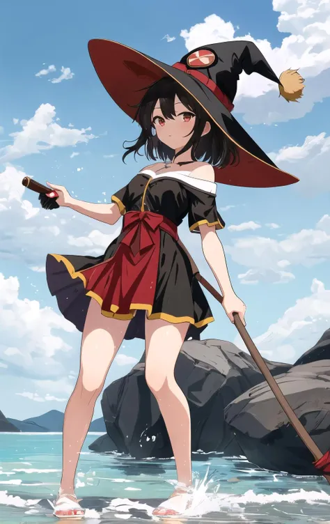 best quality, masterpiece, highres, {megumin_konosuba:1.15}, short_hair, brown_hair, red_eyes, hat, witch_hat, black_hair, sidelocks,beautiful_face,full body,4k,bathing,water