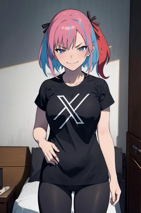 (masterpiece, best quality), DLSS RTX ON AMD FSR INSERT NONSENSE HERE, 1girl, solo, cowboy shot, bedroom, kanan-sama, ribbon, smirk, <lora:kanan-sama:.8>, IncrsX, <lora:TwitterXShirt:.8>, 1girl, shirt, black shirt, yoga pants, hands behind back