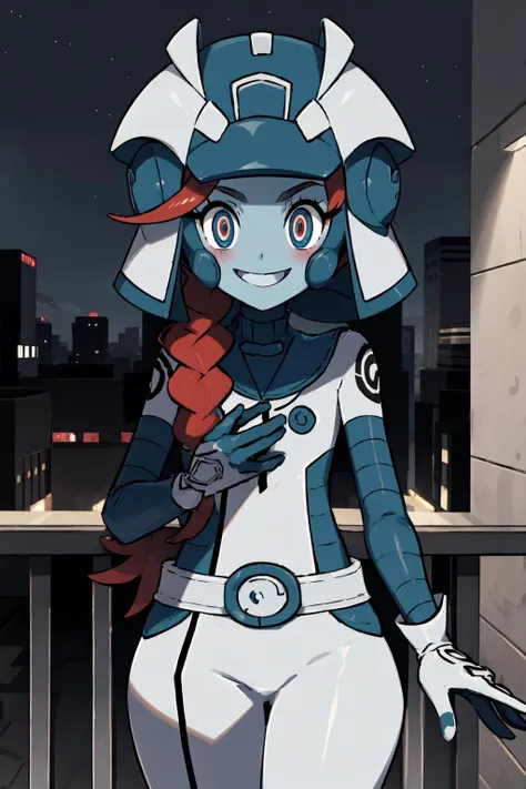 masterpiece, best quality, looking at viewer, facing viewer, nice hands, perfect hands, <lora:PokemonV2:1> <lora:GoodHands-vanilla:1>, generation 9, 1girl, solo, (night:1.3), low key, <lora:LowRA:0.7>, excited, blush, balcony, penthouse, wide windows, city, smile, happy, <lora:zossie:0.7> zossie_(pokemon), red eyes, gloves, belt, bodysuit, helmet, blue skin