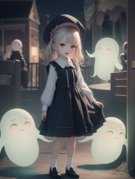 masterpiece, best quality, haunted amusement park, haunted by chibi ghosts, cute, whimsical, glow, glowing, fun, silly, mystical