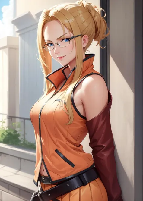 masterpiece, best quality, quistis, glasses, orange jacket, detached sleeves, orange skirt, belt, upper body, smirk <lora:quistis-nvwls-v4:0.9>