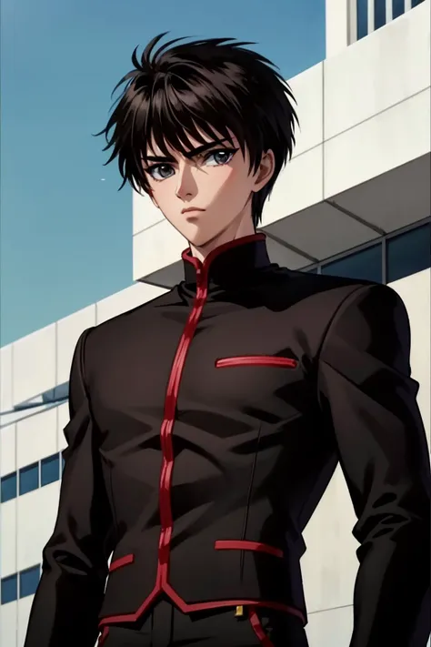 masterpiece, best quality,(upper body), from below,, kamui standing on a street wearing a black jacket and black pants, looking at viewer