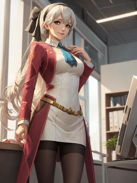 masterpiece, 4K, best quality, elie macdowell, gentle smile, hairband, hair ribbon, blue ascot, red coat, white dress, black pantyhose, white boots, whole body, standing, office <lora:elie-ver2-nv-lightbaked-v1-000014:0.9>