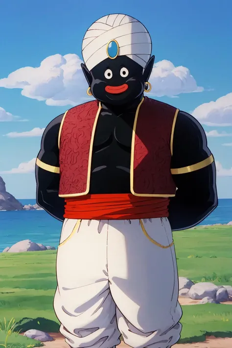 (8k, best quality, masterpiece:1.2), (finely detailed),solo, detailed illustration,intricate,(upper body), straight-on,facing viewer, a man mrpopo, black eyes, black skin,white turban, brown naked vest, blue gemstone, red sash, white baggy pants, standing at a rocky grassfield, looking at viewer, day, blue sky,arms behind back,smile, no nose,earrings,fat, no brows
