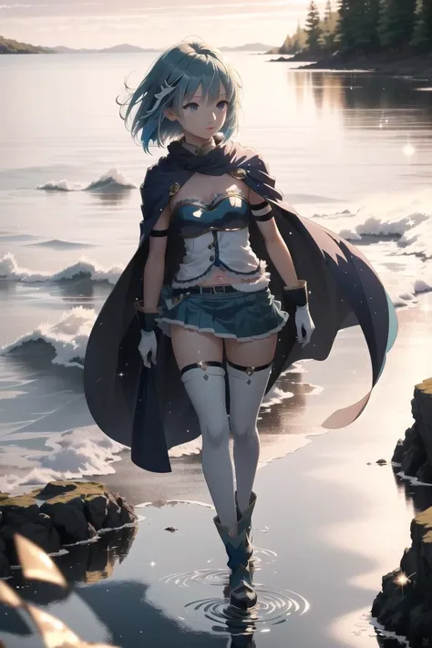 Sayaka Miki, 1girl, solo, (detailed reflective anime style eyes), cape, golden hour, detailed textures, walking by a river, posing, casual pose, aesthetic, intricate, light rays, sunlight, sparkle, shimmer, sharp focus, <lora:SayakaMiki:1>
