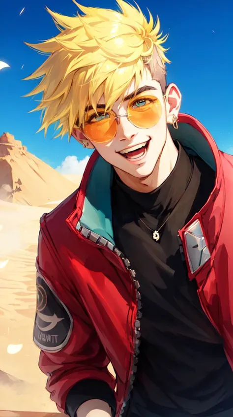 vash the stampede, 1boy, mechanical arms, red coat, round eyewear, smile, standing,
(extremely detailed CG unity 8k wallpaper, masterpiece, best quality, ultra-detailed, best shadow, volumetric lighting), (beautiful detailed face, beautiful detailed eyes), High contrast, high saturation, (best illumination, an extremely delicate and beautiful),
mksks style, beautiful background, outdoors, desert, light particles, dust