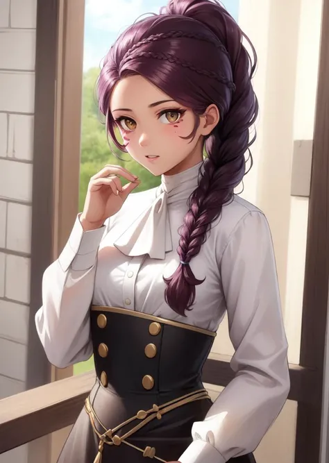 masterpiece, best quality, petra_academy, braided ponytail, facial mark, ascot, white shirt, black high-waist skirt, upper body, confused, looking at viewer <lora:petra-nvwls-v1-000006:0.9>